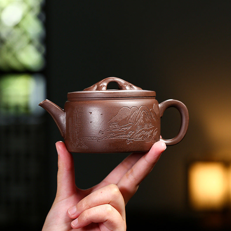 Handmade Yixing Zisha Clay Teapot, Mountain and Water Graphic