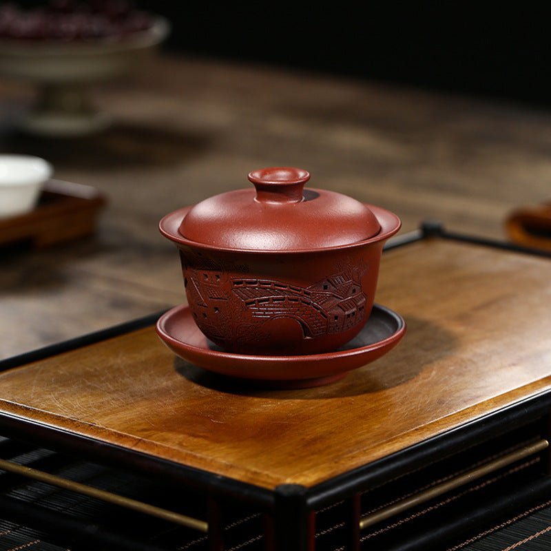 Handmade Yixing Purple Zisha Clay Gaiwan Gongfu Teacup with Hand-Carved Graphic