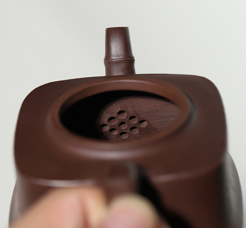 Yixing Purple Zisha Clay Teapot Square Shape Bamboo Knot Style, 200ml Capacity