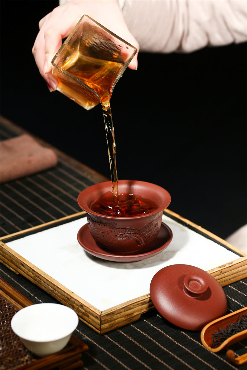 Handmade Yixing Purple Zisha Clay Gaiwan Gongfu Teacup with Hand-Carved Graphic