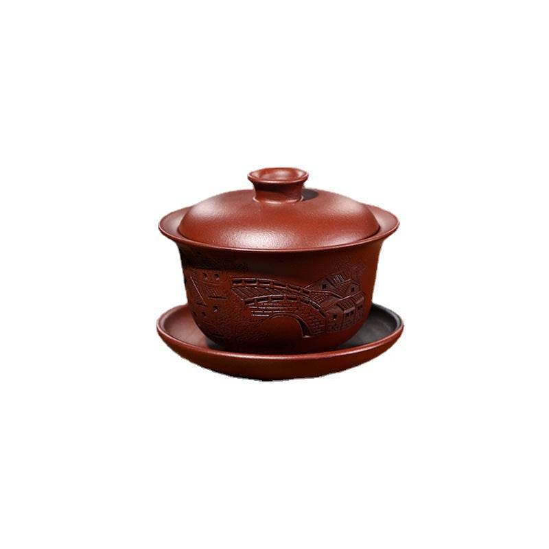Handmade Yixing Purple Zisha Clay Gaiwan Gongfu Teacup with Hand-Carved Graphic