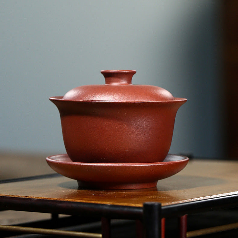 Handmade Yixing Purple Zisha Clay Gaiwan Gongfu Teacup with Hand-Carved Graphic