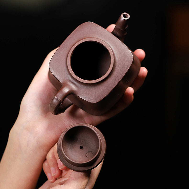 Yixing Purple Zisha Clay Teapot Square Shape Bamboo Knot Style, 200ml Capacity