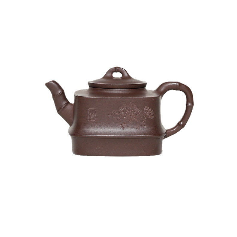 Yixing Purple Zisha Clay Teapot Square Shape Bamboo Knot Style, 200ml Capacity