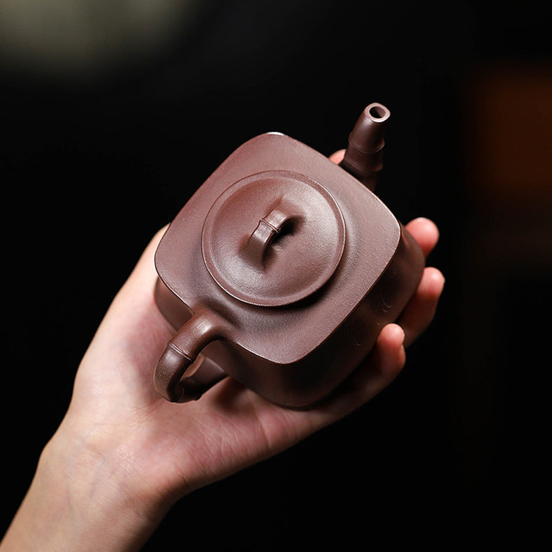 Yixing Purple Zisha Clay Teapot Square Shape Bamboo Knot Style, 200ml Capacity