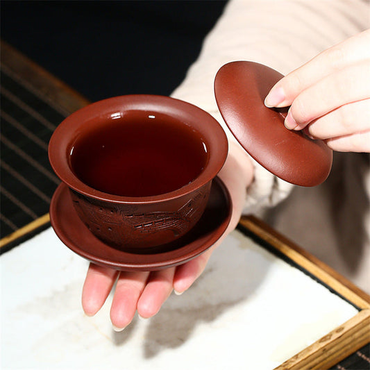 Handmade Yixing Purple Zisha Clay Gaiwan Gongfu Teacup with Hand-Carved Graphic