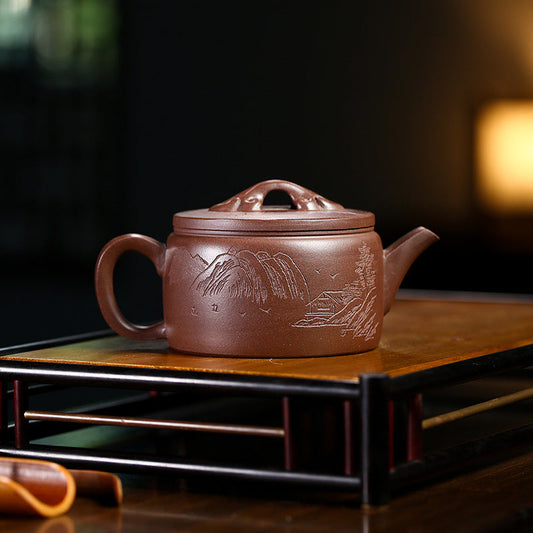 Handmade Yixing Zisha Clay Teapot, Mountain and Water Graphic