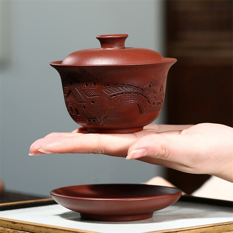 Handmade Yixing Purple Zisha Clay Gaiwan Gongfu Teacup with Hand-Carved Graphic