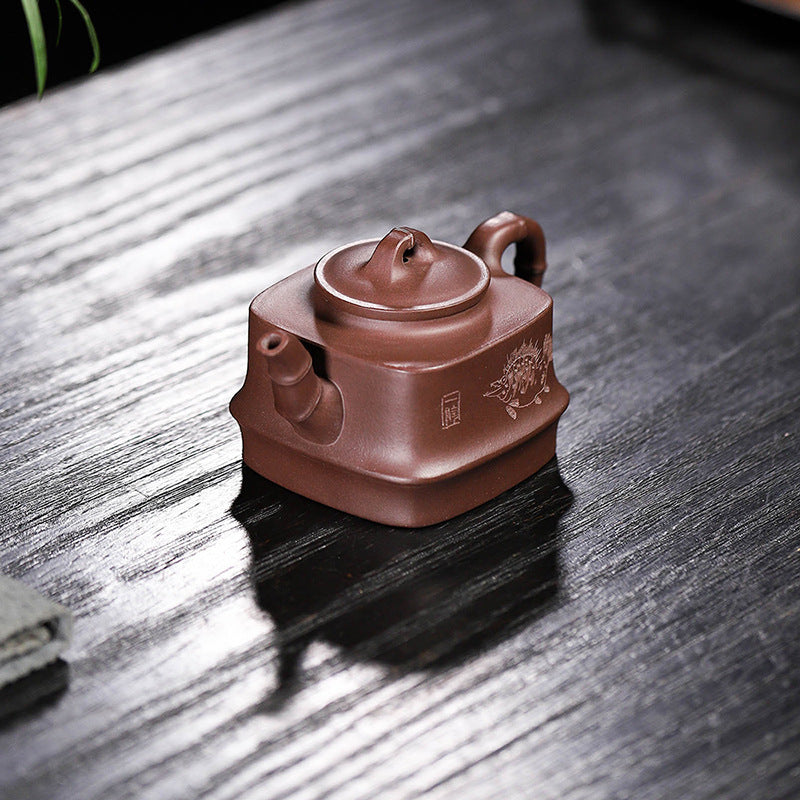 Yixing Purple Zisha Clay Teapot Square Shape Bamboo Knot Style, 200ml Capacity