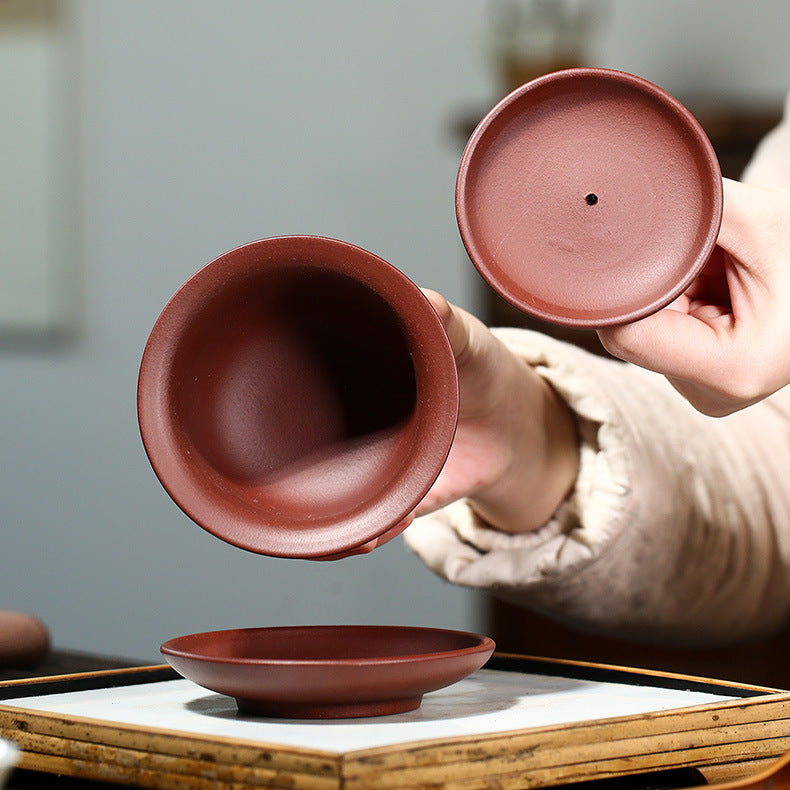 Handmade Yixing Purple Zisha Clay Gaiwan Gongfu Teacup with Hand-Carved Graphic
