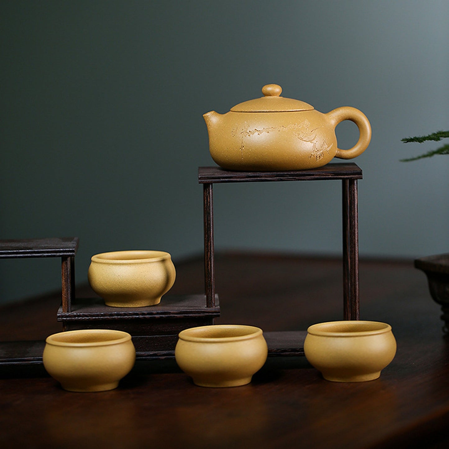 Handmade Yixing Zisha Teapot, Traditional Chinese Yellow Clay Teapot with Carved Graphic, Pairing Teacups - theTeaCloud