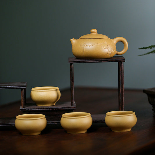 Handmade Yixing Zisha Teapot, Traditional Chinese Yellow Clay Teapot with Carved Graphic, Pairing Teacups - theTeaCloud
