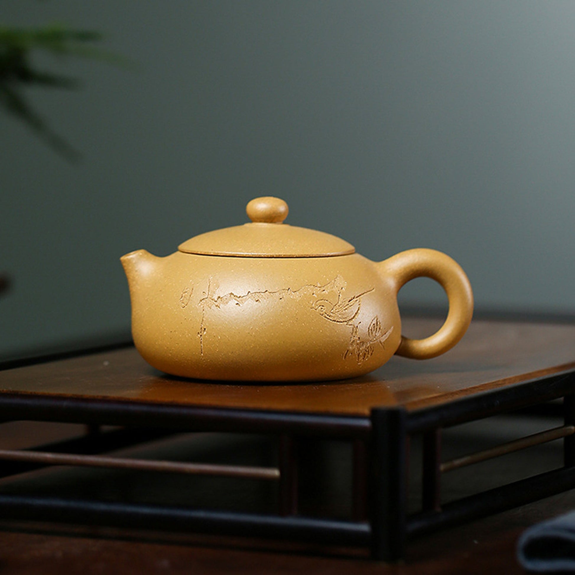 Handmade Yixing Zisha Teapot, Traditional Chinese Yellow Clay Teapot with Carved Graphic, Pairing Teacups - theTeaCloud