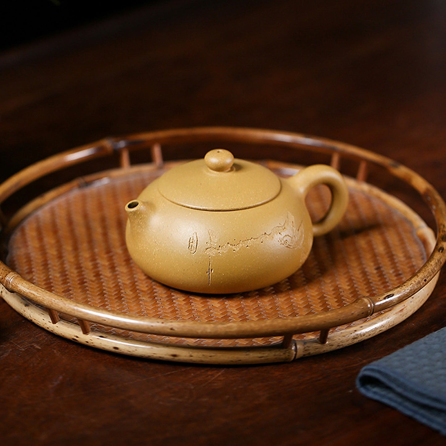 Handmade Yixing Zisha Teapot, Traditional Chinese Yellow Clay Teapot with Carved Graphic, Pairing Teacups