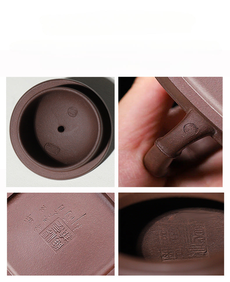 Yixing Purple Zisha Clay Teapot Square Shape Bamboo Knot Style, 200ml Capacity