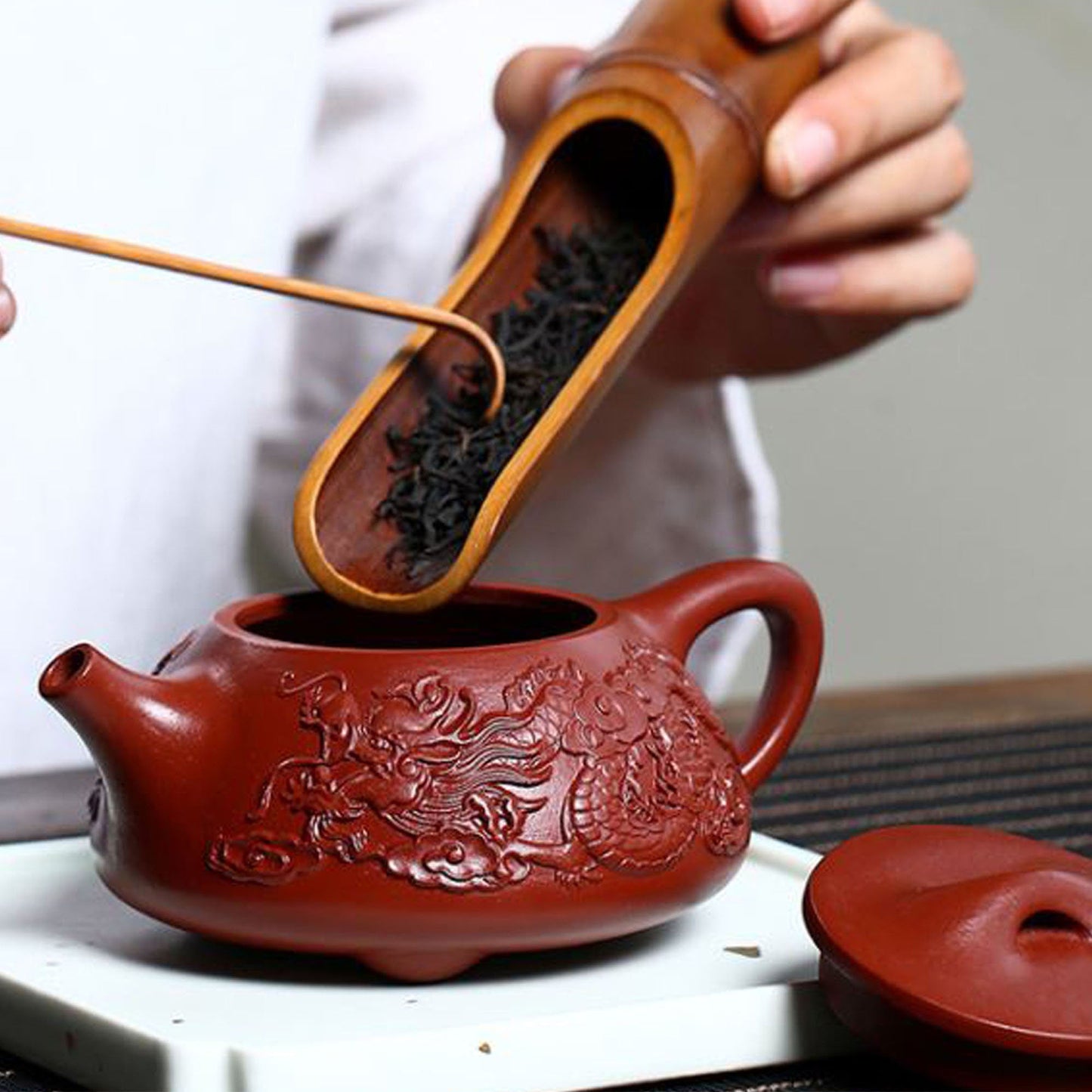 Handmade Yixing Zisha Clay Teapot, Carved Two Dragons Style