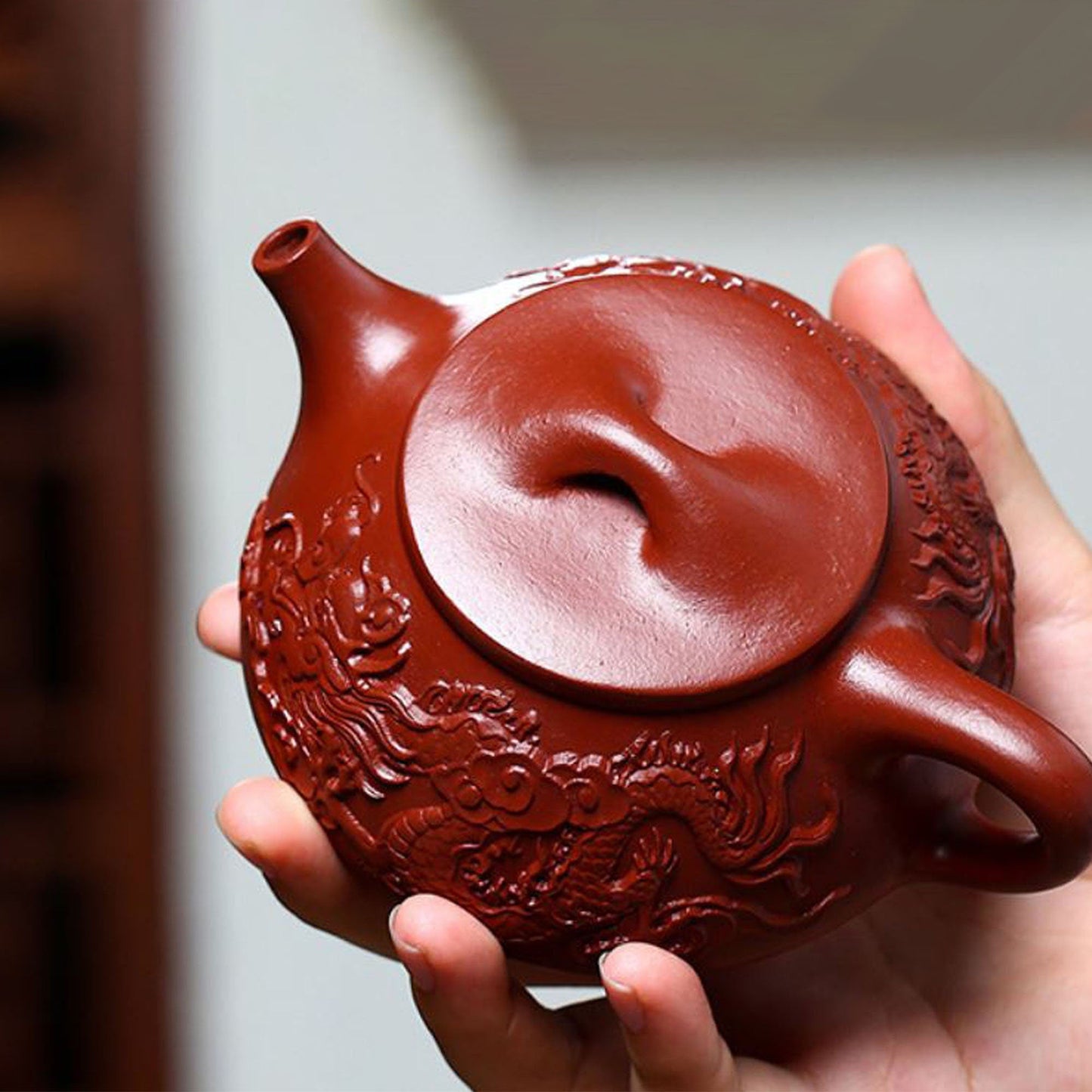 Handmade Yixing Zisha Clay Teapot, Carved Two Dragons Style